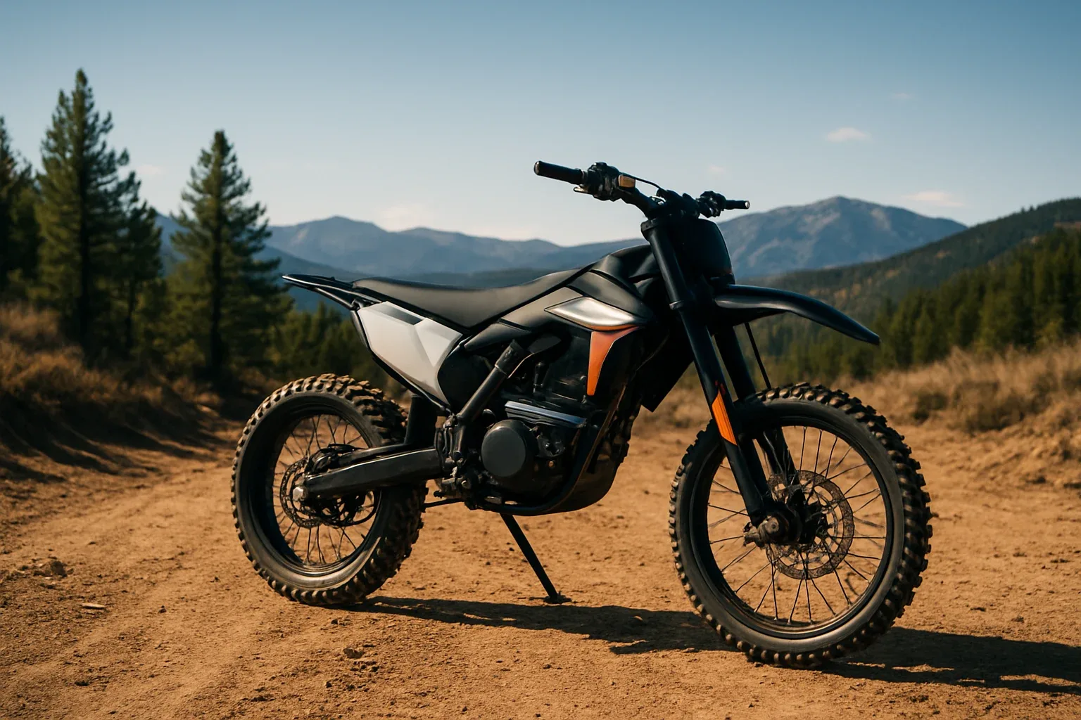 Moto tout-terrain électrique garée sur un chemin de terre accidenté, avec des montagnes et des arbres en arrière-plan sous un ciel dégagé, avec le texte « Moto tout-terrain électrique à vendre ».